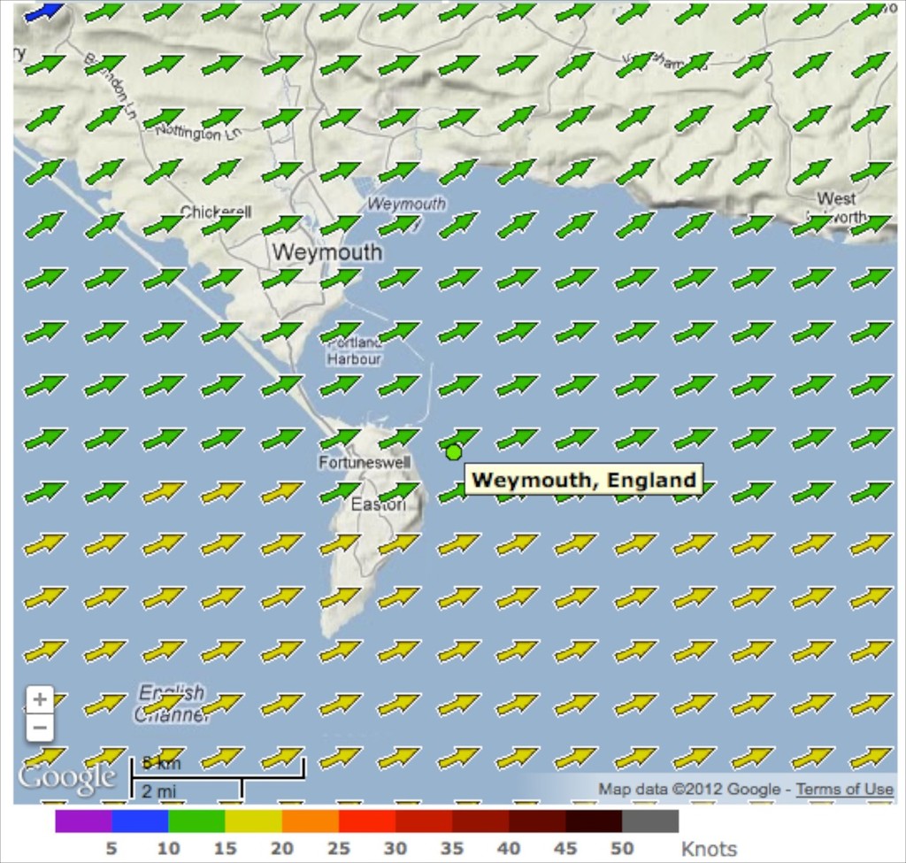 Predictwind prognosis for the Opening Day of the 2012 Olympic Regatta - Weymouth Bay at 1300hrs © PredictWind.com www.predictwind.com